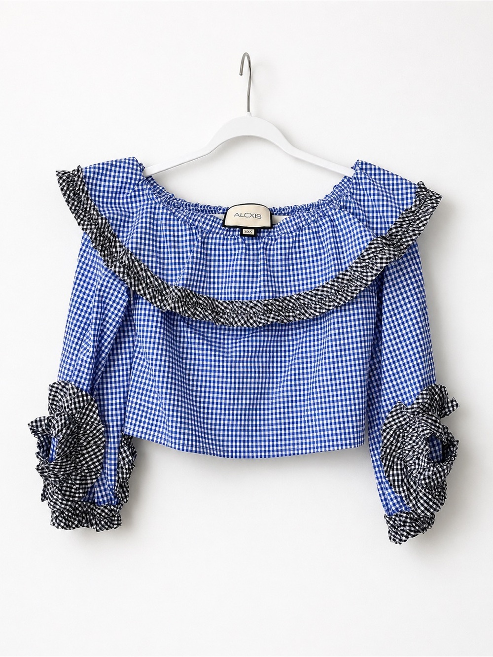 Alexis Regina Blue Gingham Off-Shoulder Ruffle Crop Top